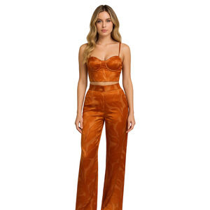 Rachel Zoe Orange Satin Corset Top & Wide Leg Pant Set Size M NWT